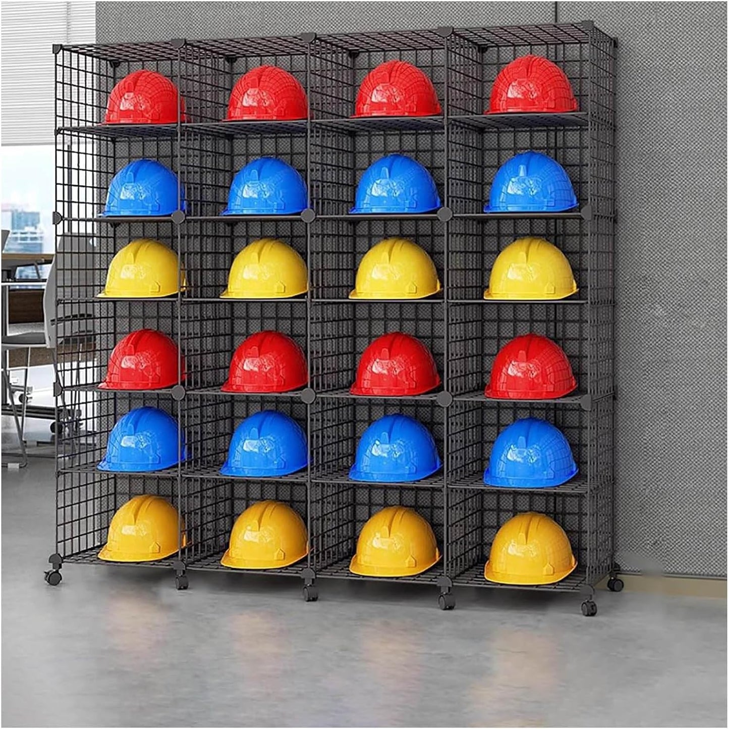 Stackable Safety Helmet Storage Boxes, Large Adjustable Hard Hat Placement Organizer Rack,with Wheels,for Construction Site/Garage/Workshop/Factory Helmet Display Shelf (Black, 24 Grids-4 * 6)