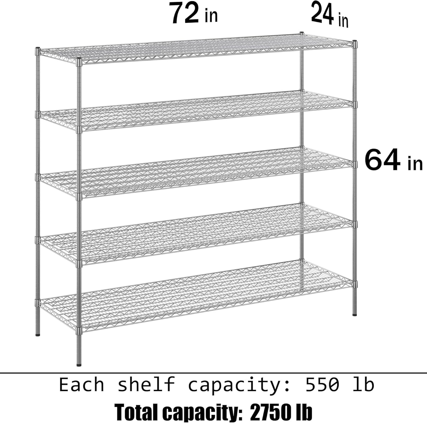 24" Deep x 72" Wide x 64" Height Wire Shelving Kit | 5-Tier | NSF Commercial Storage Rack Unit