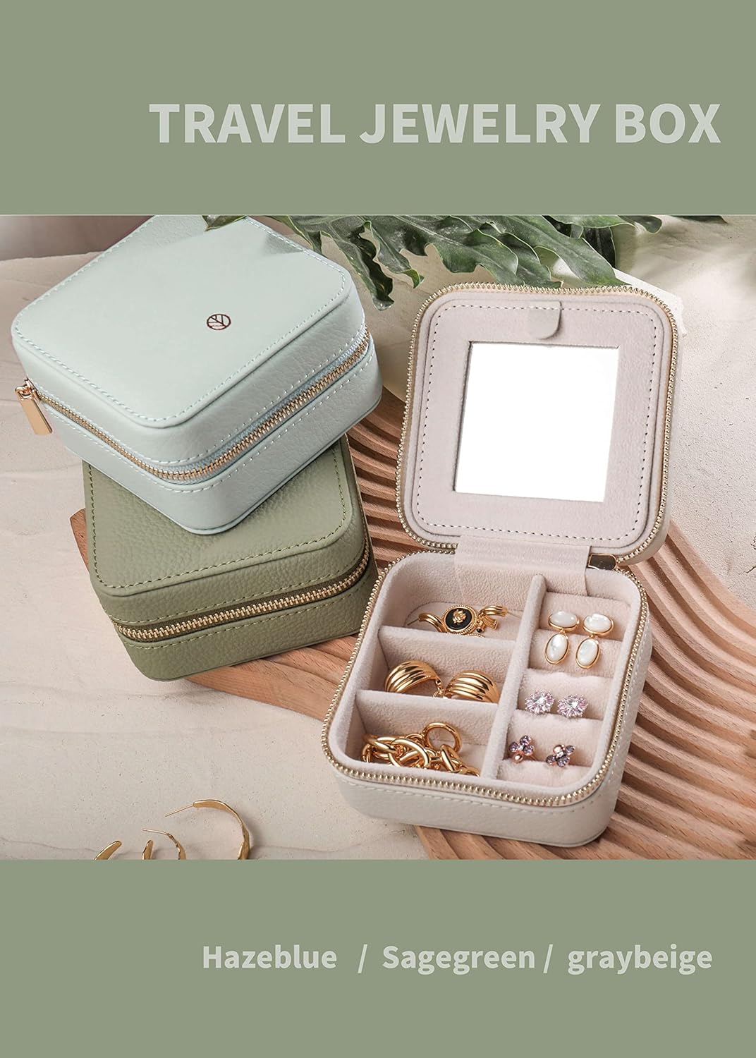 S.Leaf Travel Jewelry Organizer Boxes for Women Small Portable Necklace Earrings Bracelet Rings Travel Case Best Friend Birthday Gifts for Women Trendy (01_Lychee_Sage_Green)