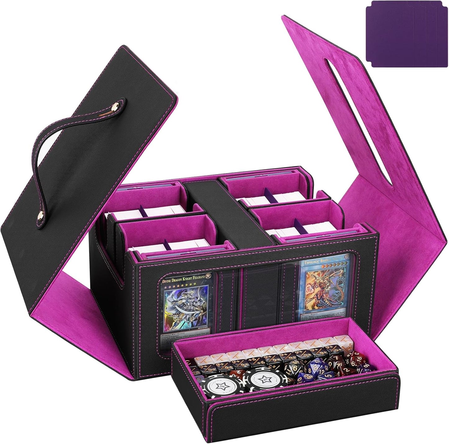 Card Deck Box for MTG with Commander Display, 5 in 1 Card Storage Box Fits 400+ Double-sleeved Cards, Deck Case for TCG Sports Cards with Dividers, Dice Tray, Magnetic Card Holders, Black Purple
