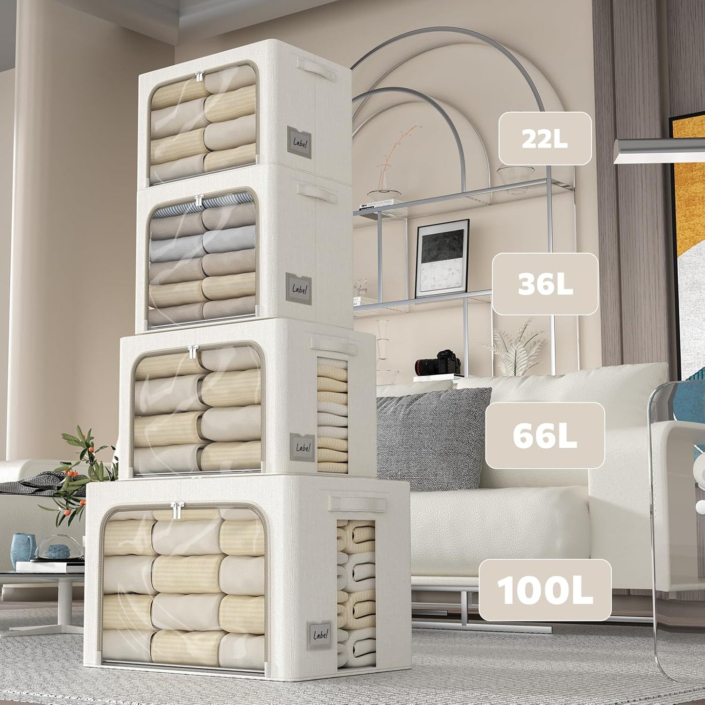 FHSQX 2 Pack Clear Window Storage Bins Large Stackable Linen Fabric Storage for Clothes Foldable Container Organizer Set with Carrying Handles (Lvory White, 15.7x 11.8x 7.8Inch)