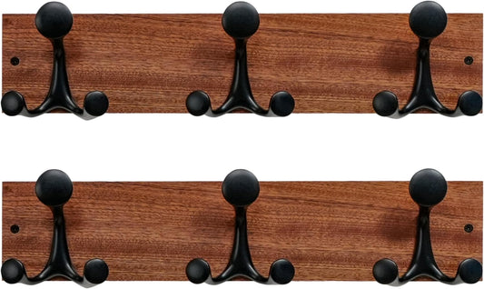 SKOLOO 17-Inch Wood Coat Rack Wall Mount with 3 Triple Hooks - Ideal for Family Entrances, Classrooms, and Pet Supplies Storage - Perfect Coat Hooks for Wall,Mahogany (Sapele), Pack of 2