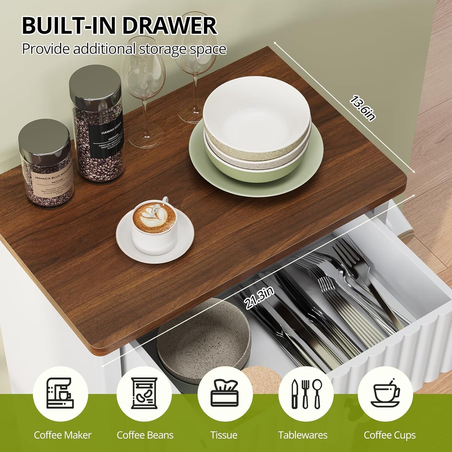 Tilt Out Trash Can Cabinet, 10 Gallon Fluted Laundry Hamper Cabinet with Drawers, Freestanding Wooden Hidden Garbage Can Cabinets for Kitchen, Living Room, Without Trash Bin or Laundry Hamper, White