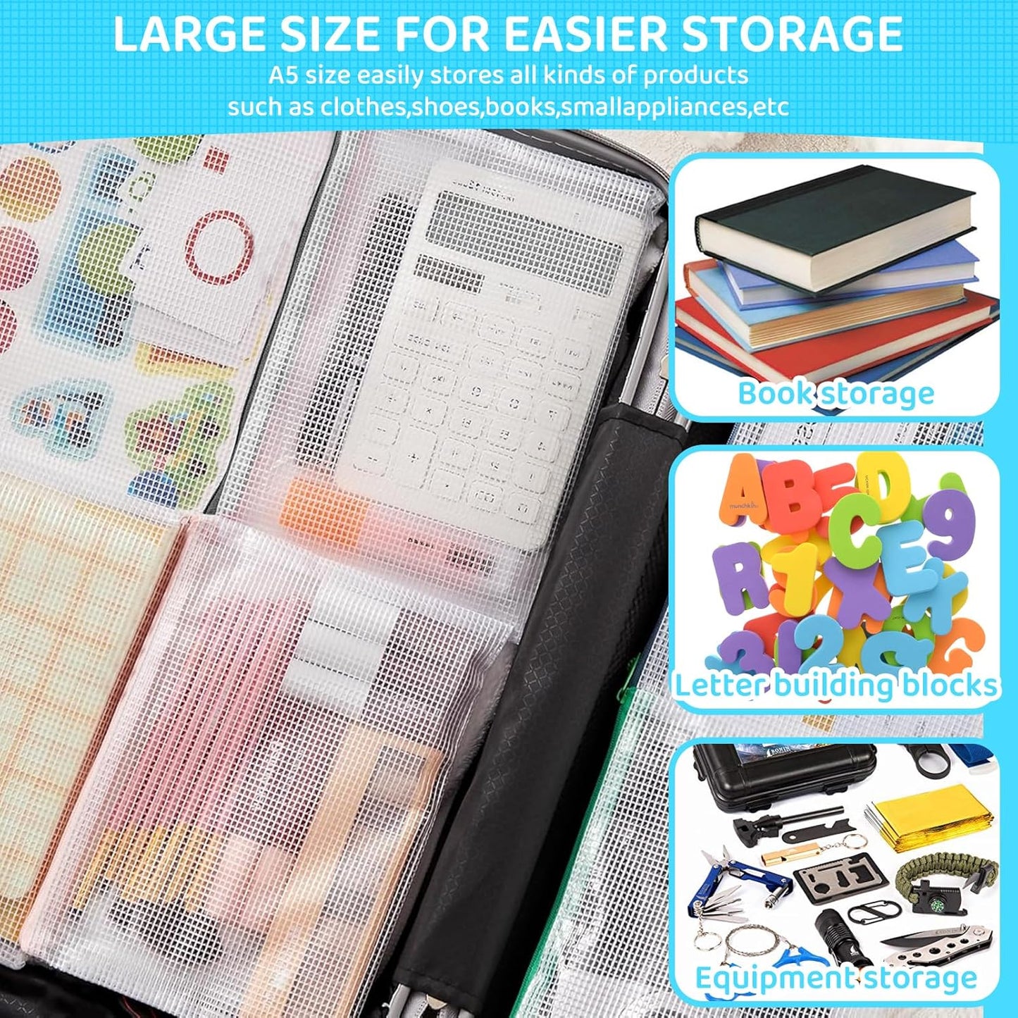24pcs Mesh Zipper Pouch Bags, A5 9.4 x 6.9 Inches Reusable Zipper Bags Puzzle Storage Organizer Black Multipurpose for Travel Board Games Toys Office Supplies and Classroom Organization