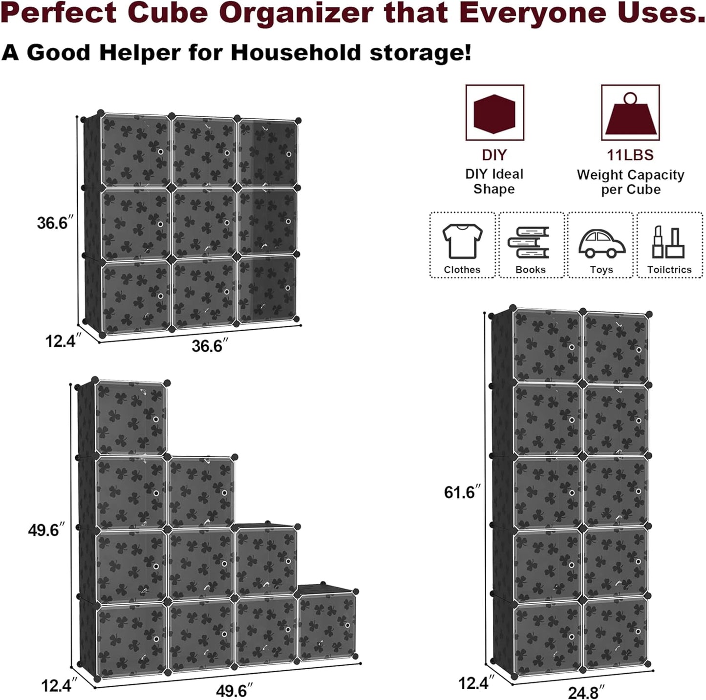 C&AHOME Cube Storage Organizer with Doors, 10-Cube Shelves, DIY Plastic Modular Bookshelf, Closet Clothes Storage Shelving Ideal for Bedroom, Living Room, Clover Embossed, Black