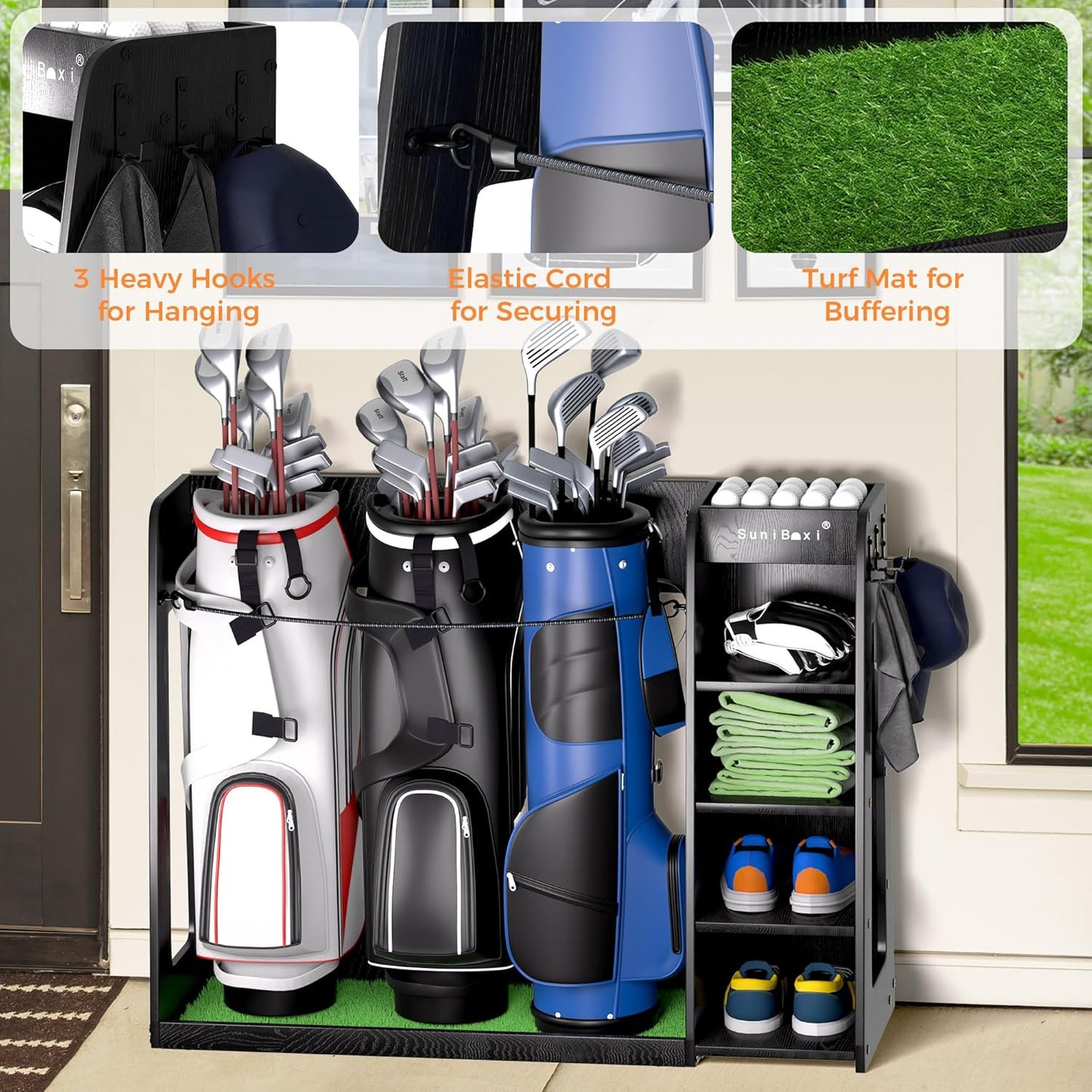 Wooden Golf Storage Organizer for Garage, Premium Golf Bag Holder Rack for Golfing Accessories, Great Gift for Golfers,Husband, Dad