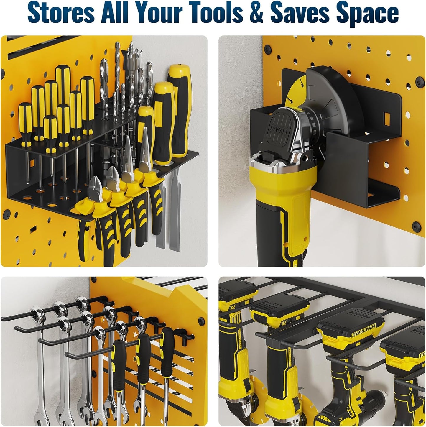 Tomorotec 4-Layer Wall-Mounted Power Tool Storage Rack, Heavy-Duty Steel Drill Organizer with Adjustable Shelves & Side Hooks for Toolbox, Easy Installation Garage & Workshop Storage (Yellow)