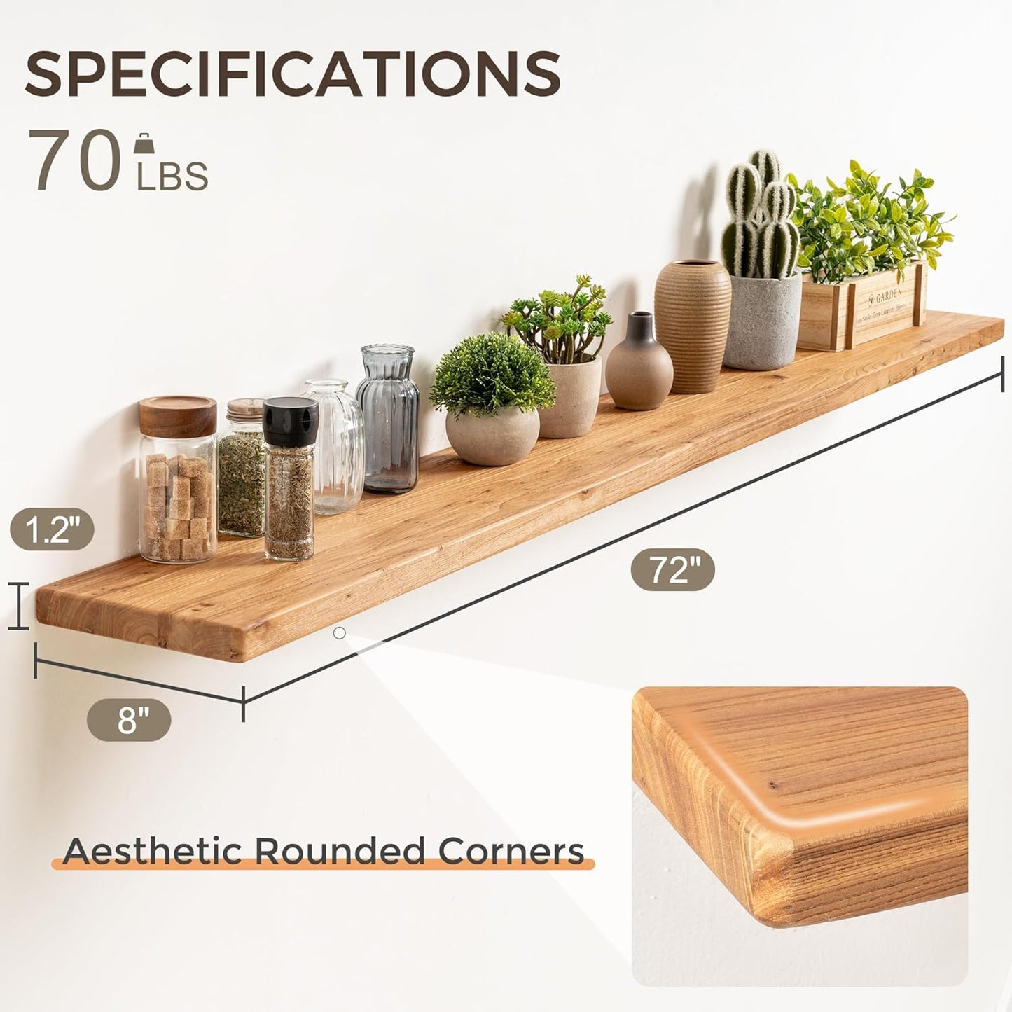 Fun Memories 72 Inch Floating Shelves for Wall, Rustic Solid Elm Wood Shelves for Home Decor, 8 Inch Deep Floating Shelf Wall-Mounted, Heavy-Duty Storage Shelf for Living Room, Bedroom, Kitchen