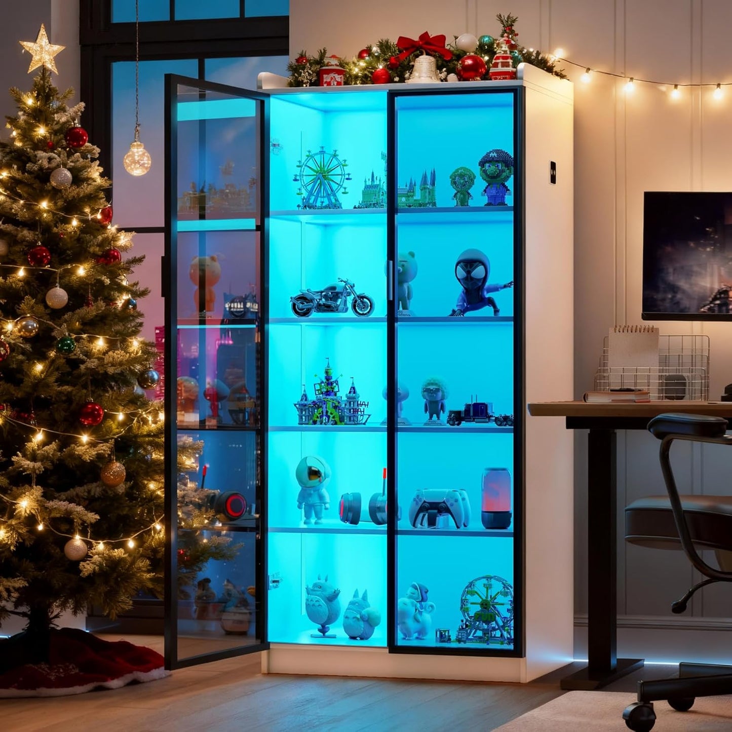 Lvifur 65" LED Display Cabinet with Lights for Living Room, 5 Tier Bookcase with Adjustable Shelves for Office, Tall Storage Cabinet with Human Body Induction for Collectibles (White)