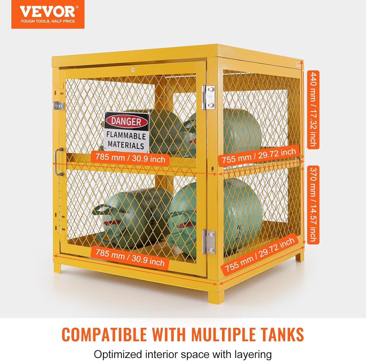 VEVOR Horizontal Cylinder Storage Cabinet, 4 Cylinder Capacity, 31x30x35 inch Propane Storage Cage, Gas Cylinder Cabinet with Yellow Powder Coat Finish