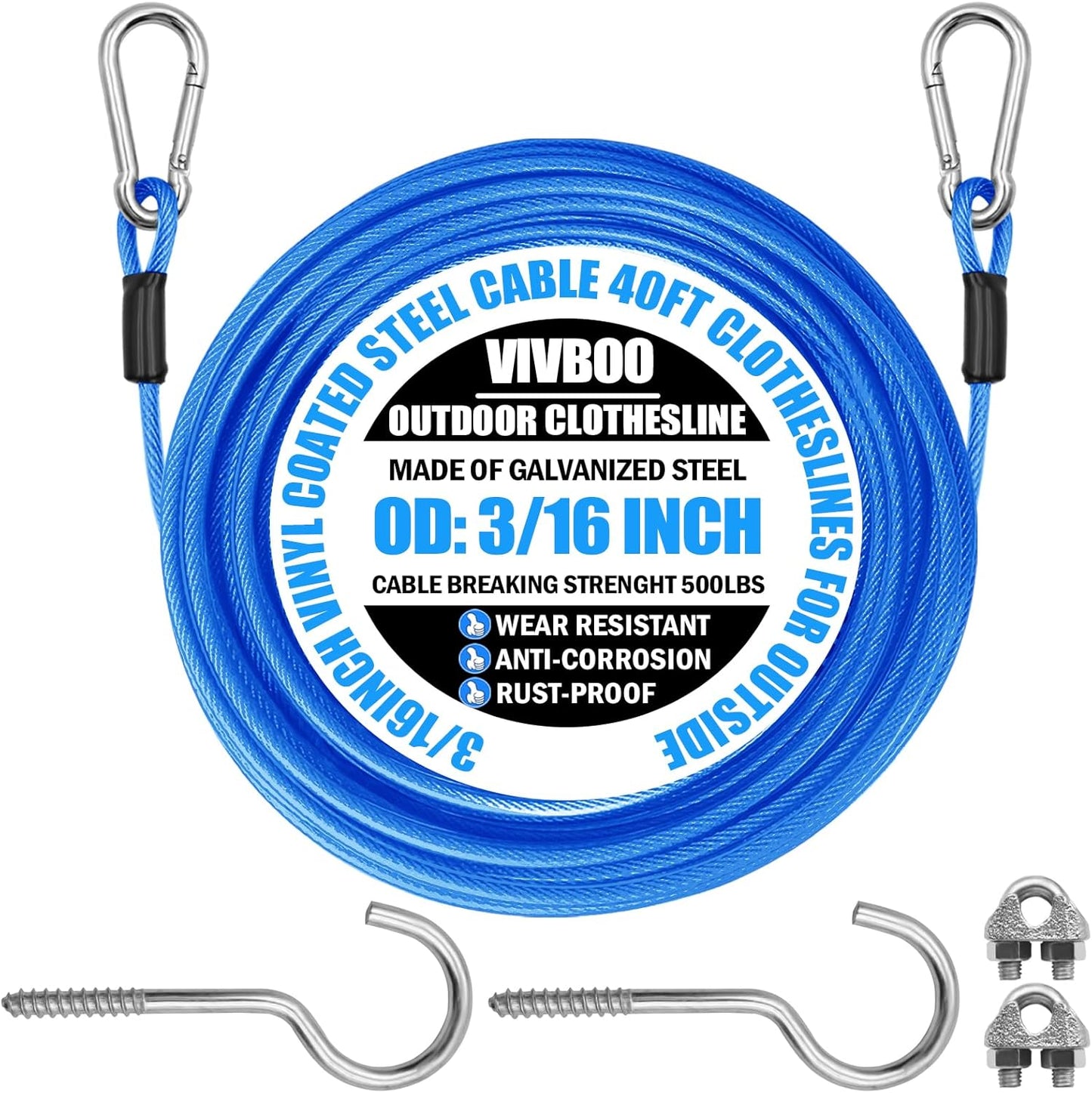 40ft Clothes Line Outdoors 3/16" Wire Ropes Blue PVC Coating Laundry Drying Clothesline with Metal Hooks and Snap Heavy Duty for Umbrella Travel Outside Camping Backyard