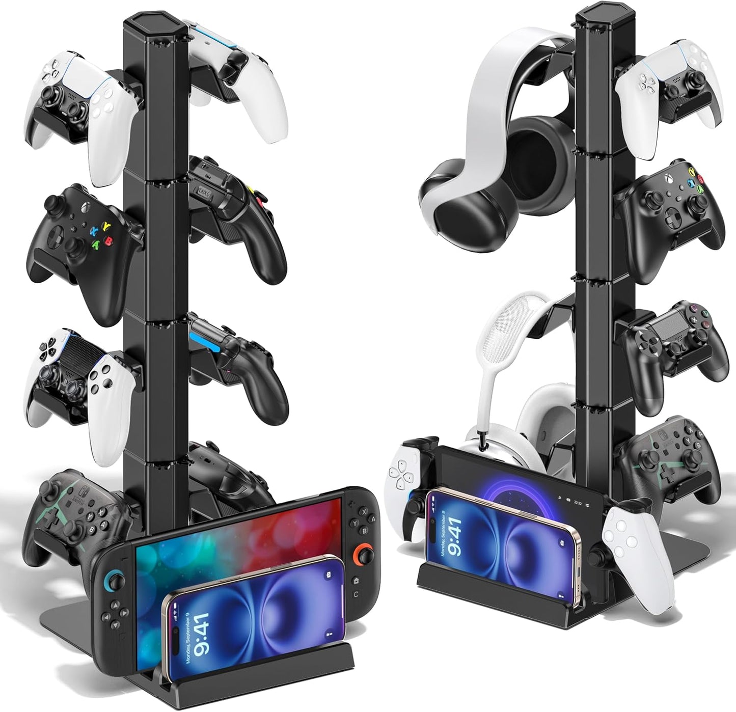 Headphone and Game Controller Desk Stand for PS5/ Xbox/ PS4 Controller, 4 Tiers Headset Hanger with Organizer for Switch 2/1/PS Portal Game Console, Multiple Controller Storage Dispay Rack- 8 Hooks