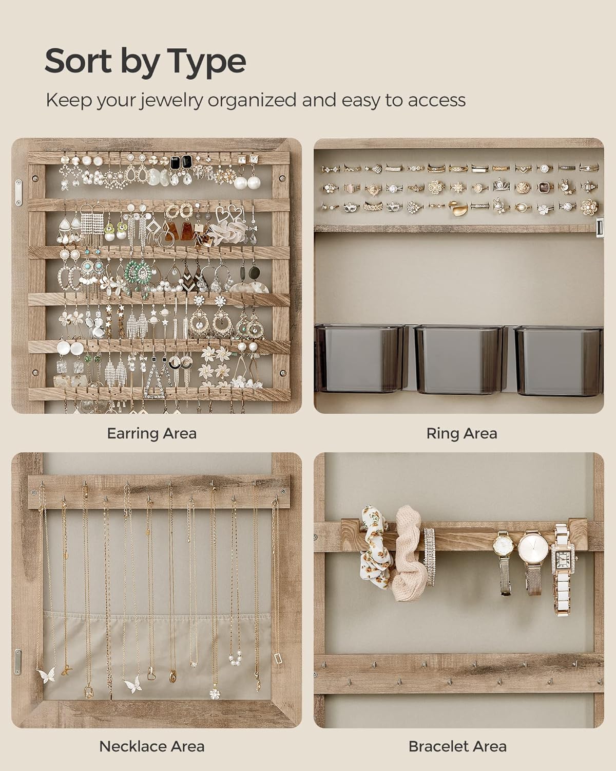 SONGMICS Mirror Jewelry Cabinet Armoire, Wall or Door Mounted Jewelry Storage Organizer, Hanging Lockable Frameless Mirror Cabinet with 2 Cosmetic Organizers, Christmas Gift Idea, Toasted Oak Color