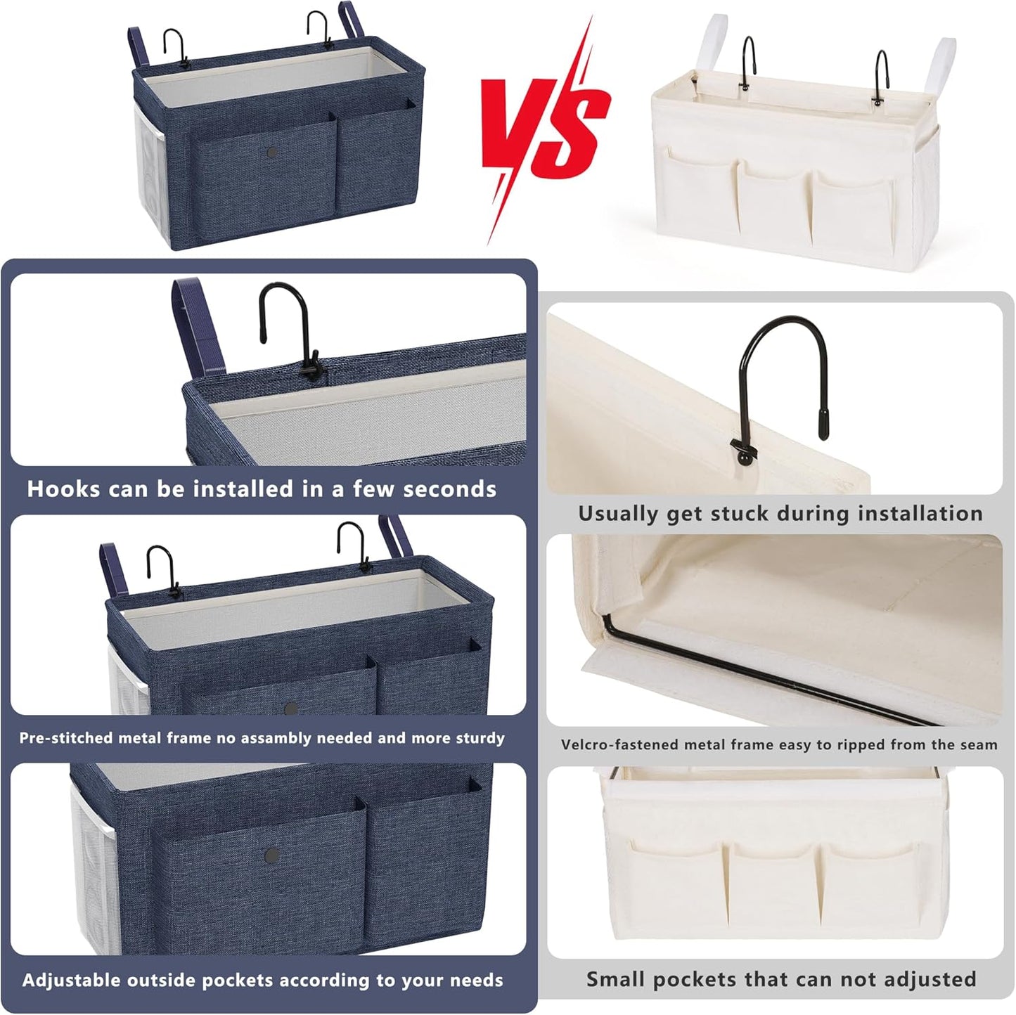 Bedside Caddy Bedside Organizer with Fixed Straps & Water Bottle Holder, Bunk Bed Caddy ideal for Home, Dorm, Hospital, Crib, Versatile Bedside Storage Solution (Navy)
