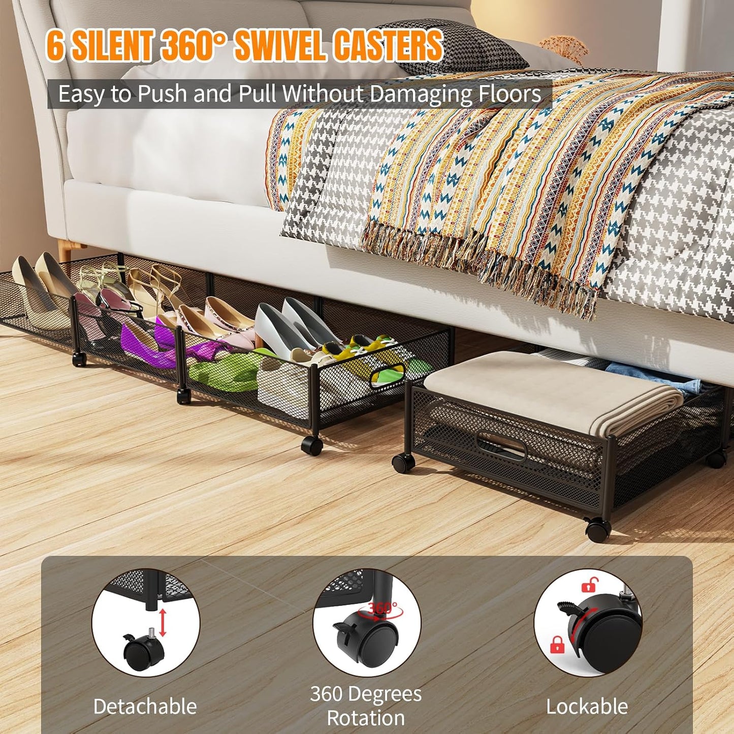 Under Bed Storage With Wheels, 47.2''/90lbs/57.6L, Metal Frame Under Bed Rolling Storage, Tool-Free Assembly Underbed Drawers, Underbed Organizer Containers for Shoes, Clothes and Toys (2 Pack)