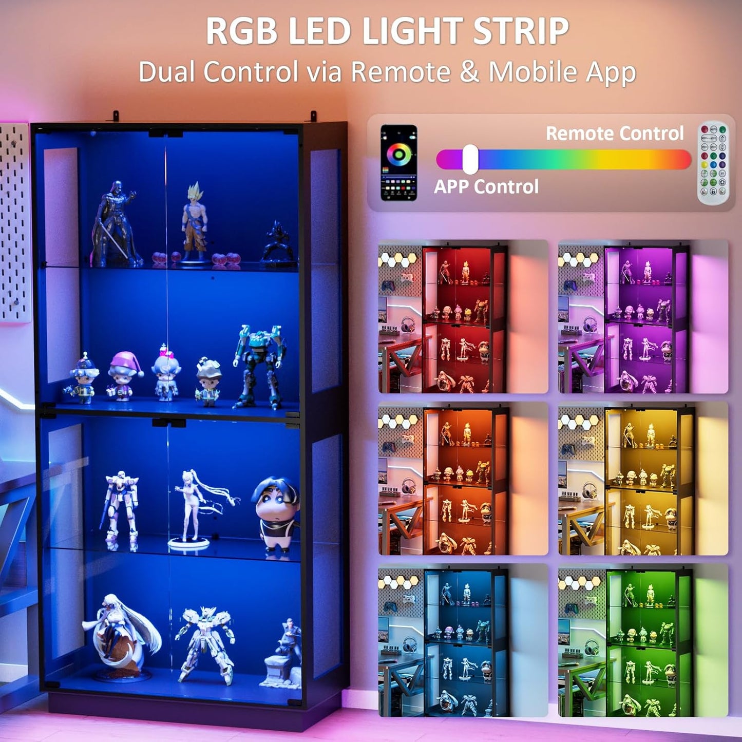 Display Cabinet with Glass Doors 4 Tier Glass Display Case with RGB LED Lights Display Cases for Collectibles Adjustable Shelves Display Case, for Game Room, Living Room, Bedroom, Black