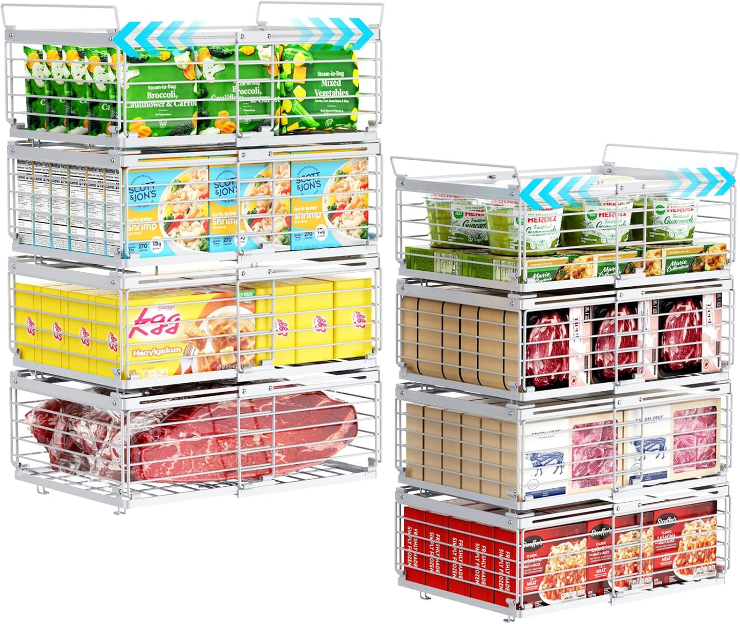 iSPECLE Freezer Organizer Bins - Fit 10 to 20 Cu.FT Deep Freezer, 8 Pack Large Expandable Stackable Chest Freezer Organizer Sort Frozen Food Easy to Get Food from Bottom without Digging, White
