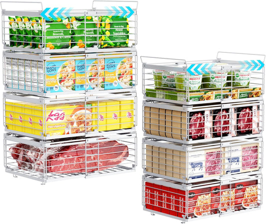 iSPECLE Freezer Organizer Bins - Fit 10 to 20 Cu.FT Deep Freezer, 8 Pack Large Expandable Stackable Chest Freezer Organizer Sort Frozen Food Easy to Get Food from Bottom without Digging, White