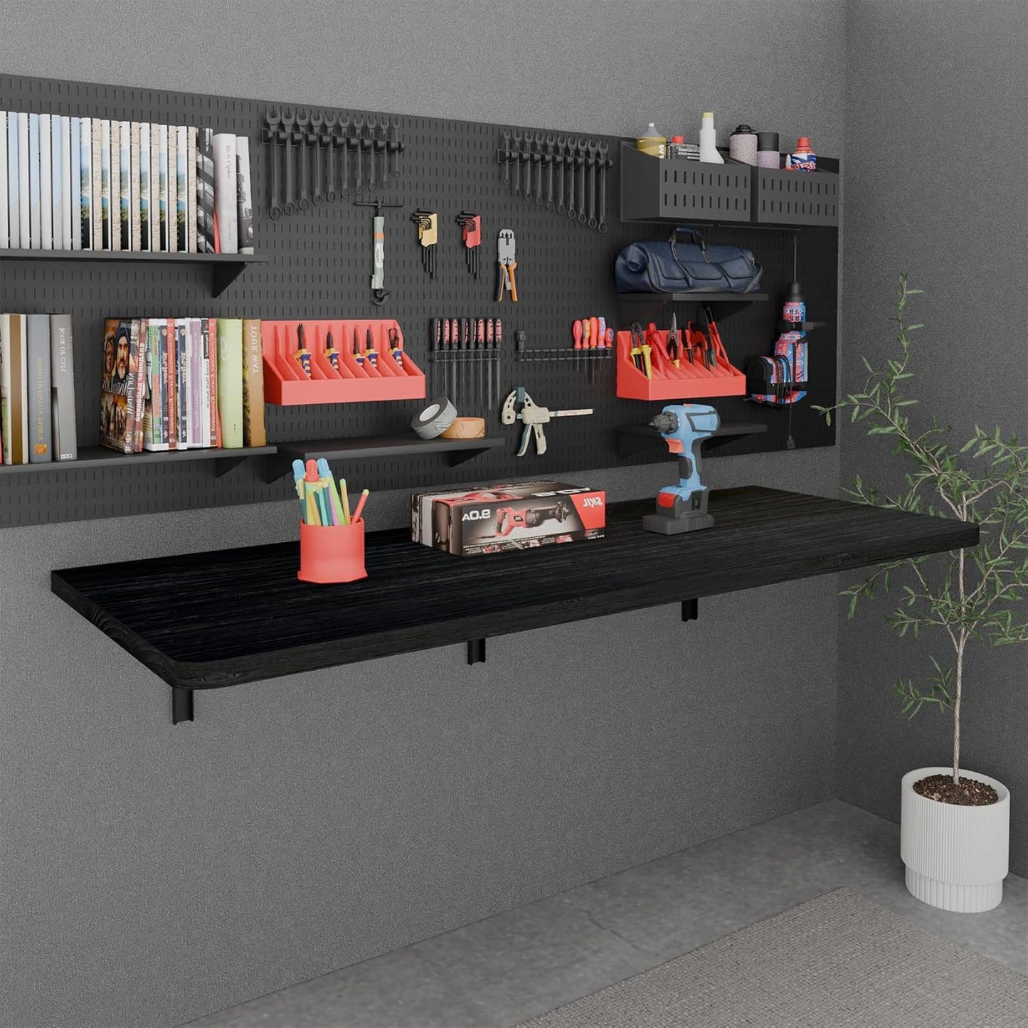 IAE Floating Wall Mounted Folding Table Desk with Pine Wood,55" x 22" Foldable Workbench,Fold Down Wall Mounted Foldable Desk with Shelf Brackets,Laundry Folding Table for Home,Dining,Kitchen,Black