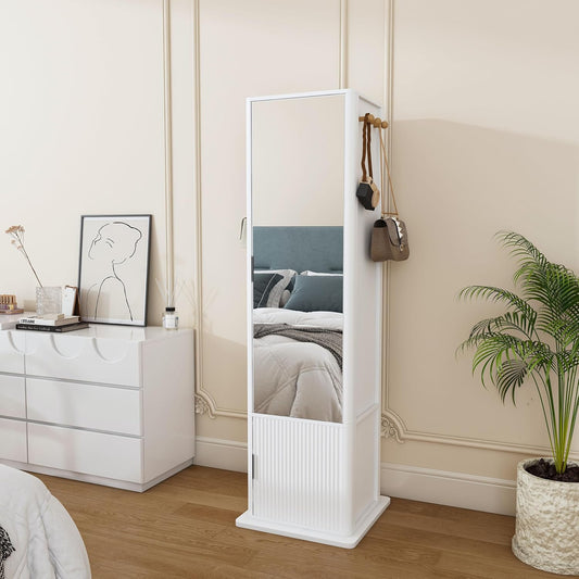 Montary 360° Rotating Makeup & Jewelry Cabinet with Full-Length Mirror - Standing Storage Organizer with Coat Rack, 4-Tier Open & Built-in Shelves, White
