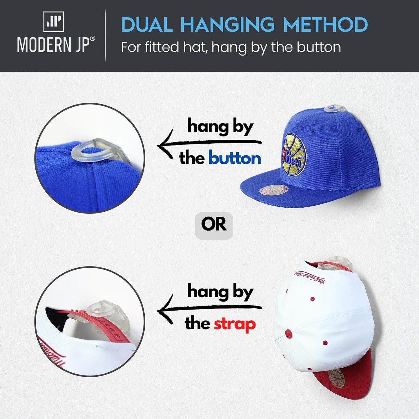 Modern JP Adhesive Hat Hooks for Wall (32-Pack) - Hat Rack for Baseball Caps, Minimalist Hat Display, Strong Hold Hat Hangers for Wall - USA Patented, Clear