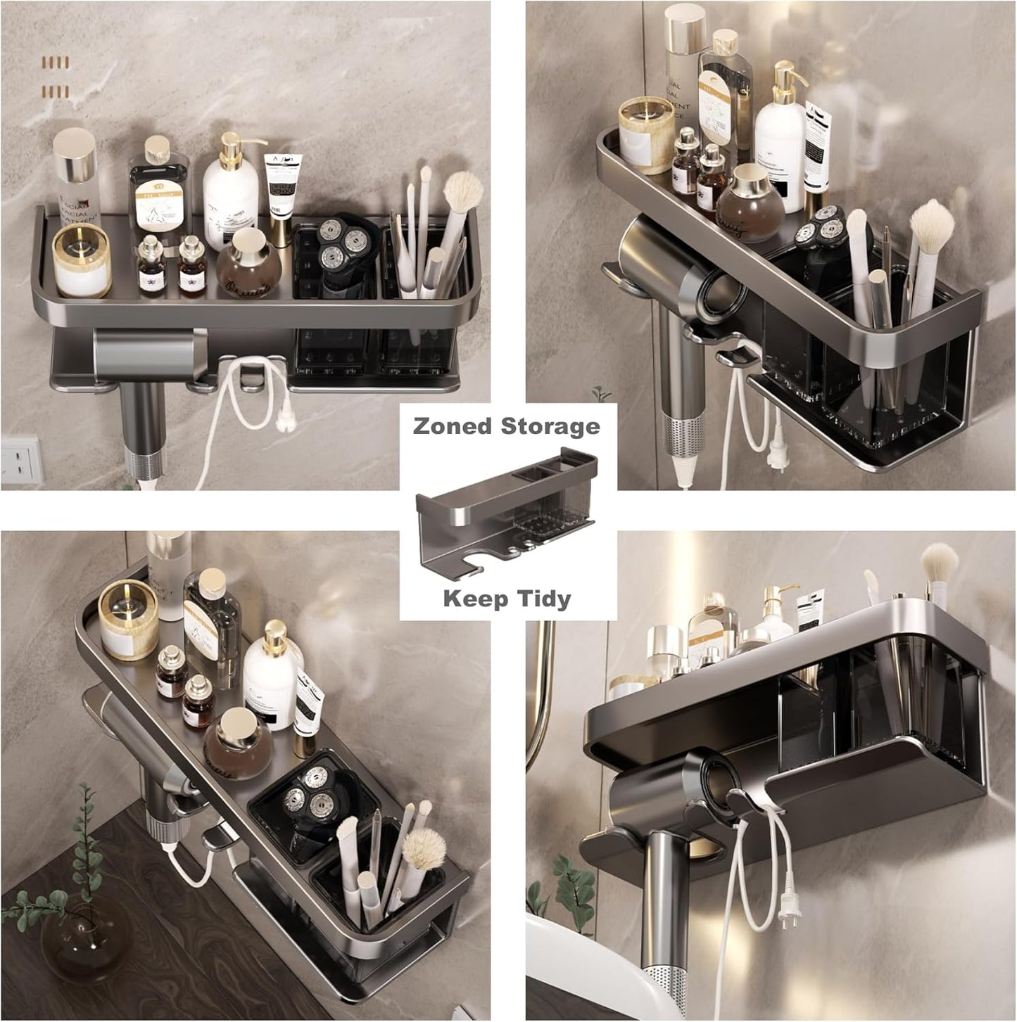 Hair Dryer Holder Wall Mounted,Blow Dryer Organizer,With shelf & individually removable Organizer box, Aluminum Blow Dryer Holder for Bathroom, Salon Organizers & Storage (Matte Grey, large)