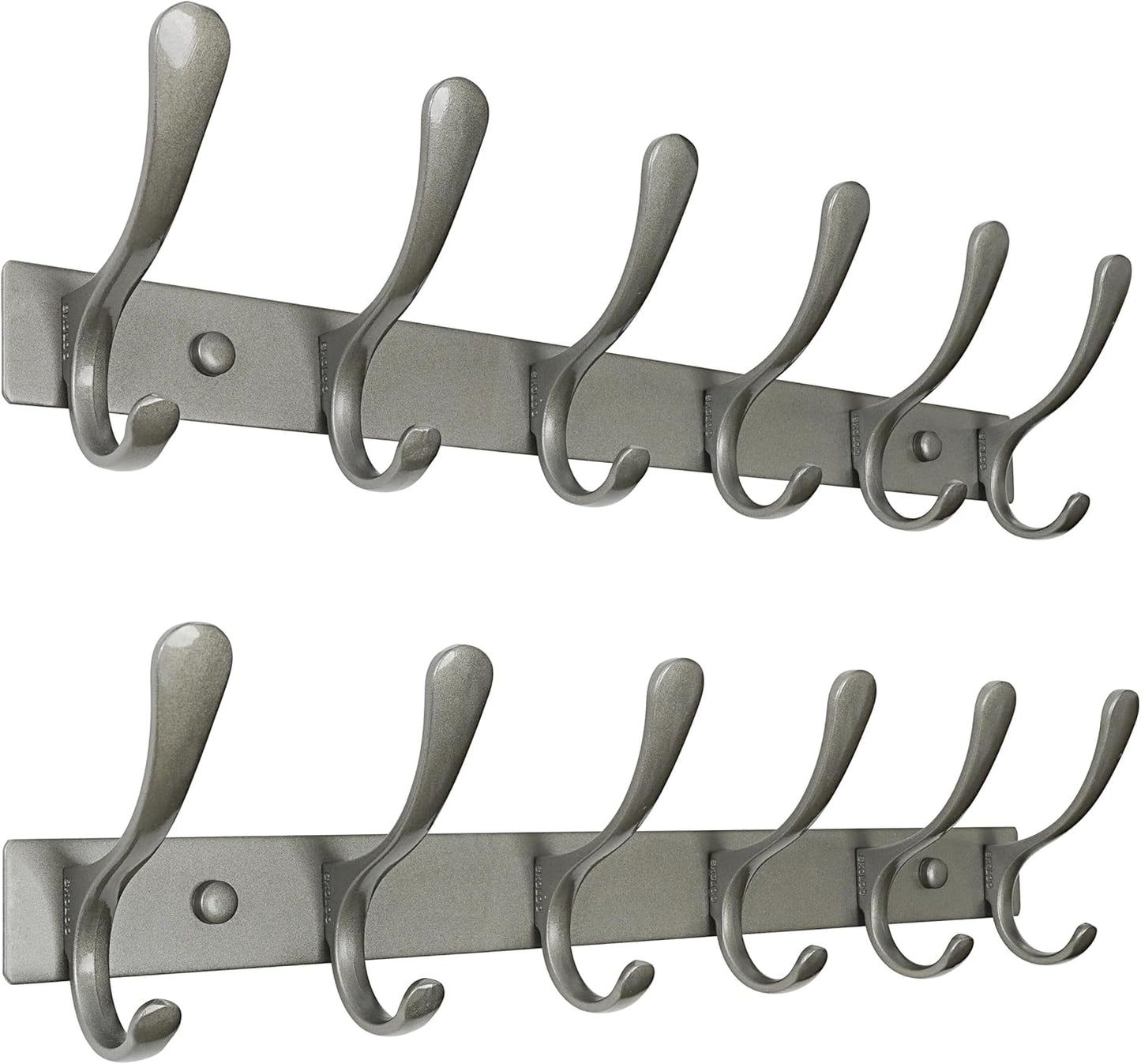 SKOLOO Coat Rack Wall Mounted - 6 Hooks, Pack of 2, Heavy Duty, Stainless Steel, Metal Wall Hanger, Sturdy Coat Hooks for Hanging Coats, Jacket, Clothes, Hat, Matte Grey