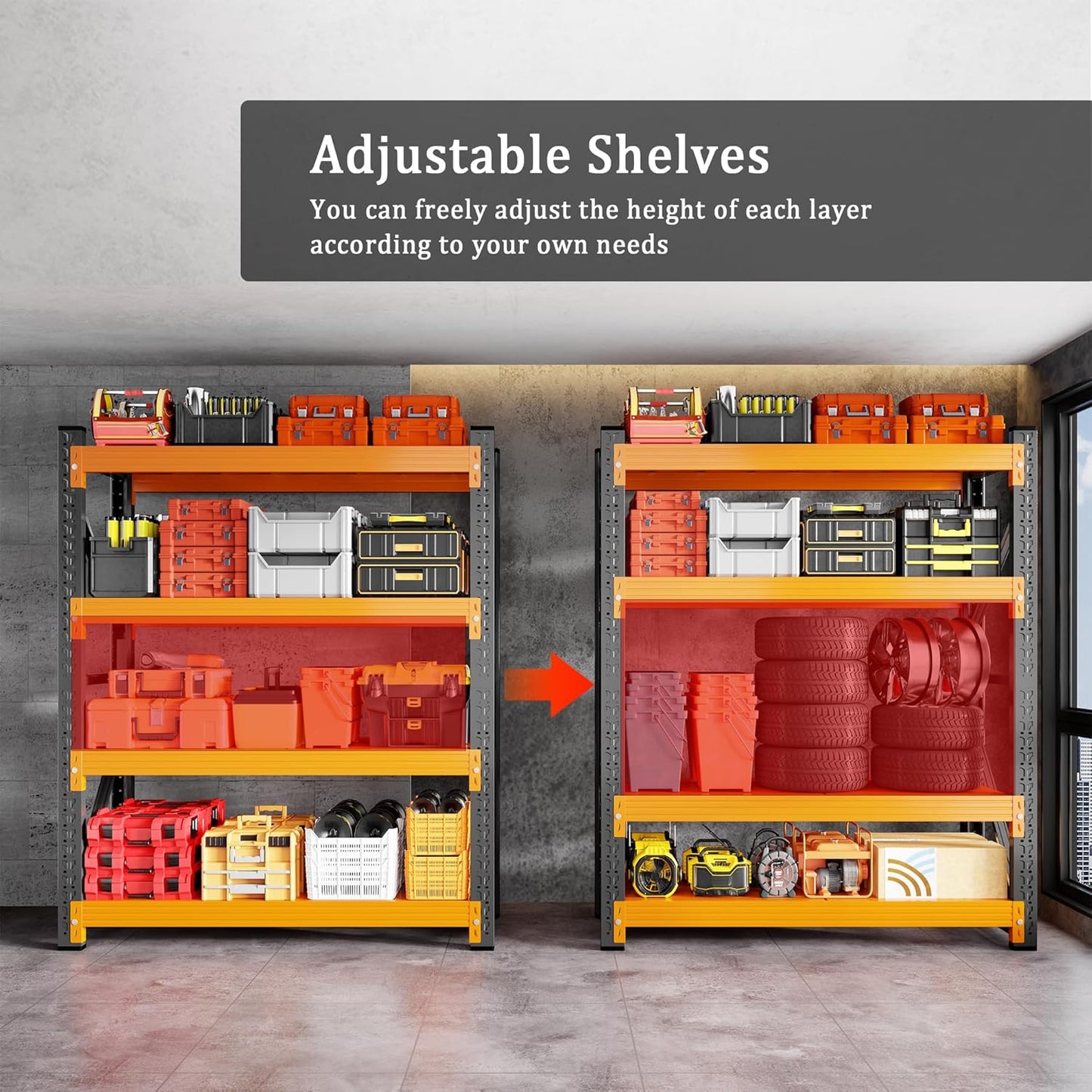 4000LBS Garage Shelving 48" W Garage Shelving Heavy Duty 4-Tier Metal Storage Shelves Adjustable Shelf Unit Storage Rack for Basement Supermarket Warehouse 48" W x 20" D x 78" H Black-Orange
