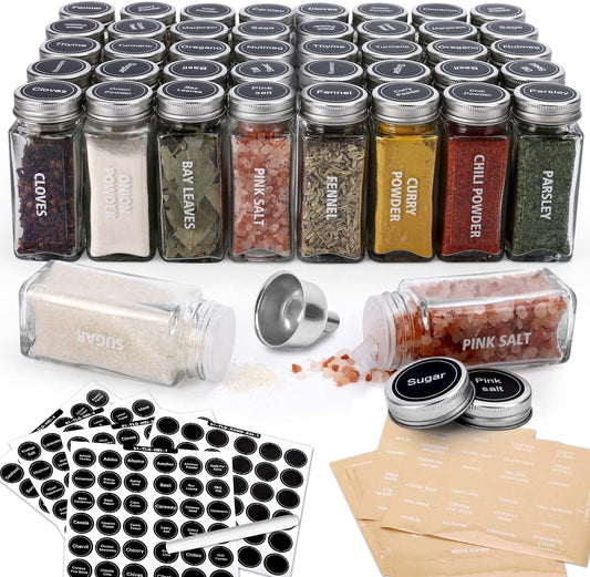 Antimbee 40-Pack 3.5 OZ Glass Spice Jars with 324 Labels, Shaker Lids and Airtight Metal Caps, Empty Reusable Square Seasoning Bottles, Spice Storage Containers, Marker and Stainless Steel Funnel