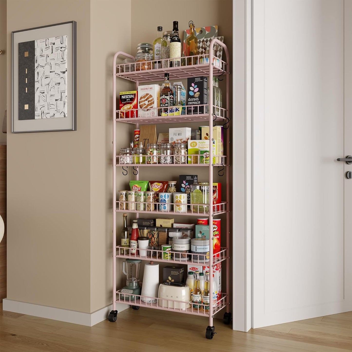 6 Tier Slim Rolling Storage Cart with Wheels, Metal Mobile Shelving Unit Organizer Utility Cart for Office Bathroom Kitchen Laundry Room Narrow Places (Pink 10 Inches)
