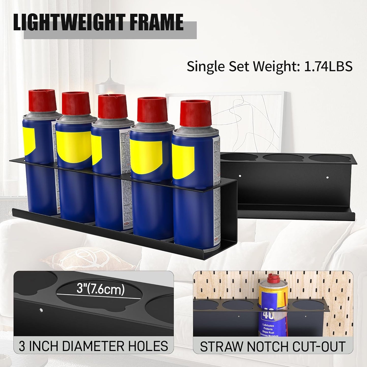 8 Pack Spray Bottle Holder Wall-Mounted, Aerosol Spray Can Holder Storage Rack, Heavy-Duty Paint Bottle Organizer with 40 Holes, Steel Black Spray Rack for Garage, Shop, Home or Tool Trailer