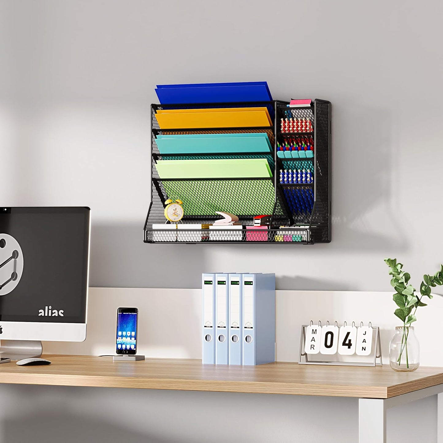 File Organizer Wall Mounted, 4 Tiers Durable Adjustable Metal Desk Organizer, Desktop Hanging File Holder with 4 Pen Slots Stable, 4 Pull-Out Divider for File, Mail, Black, Patent Pending