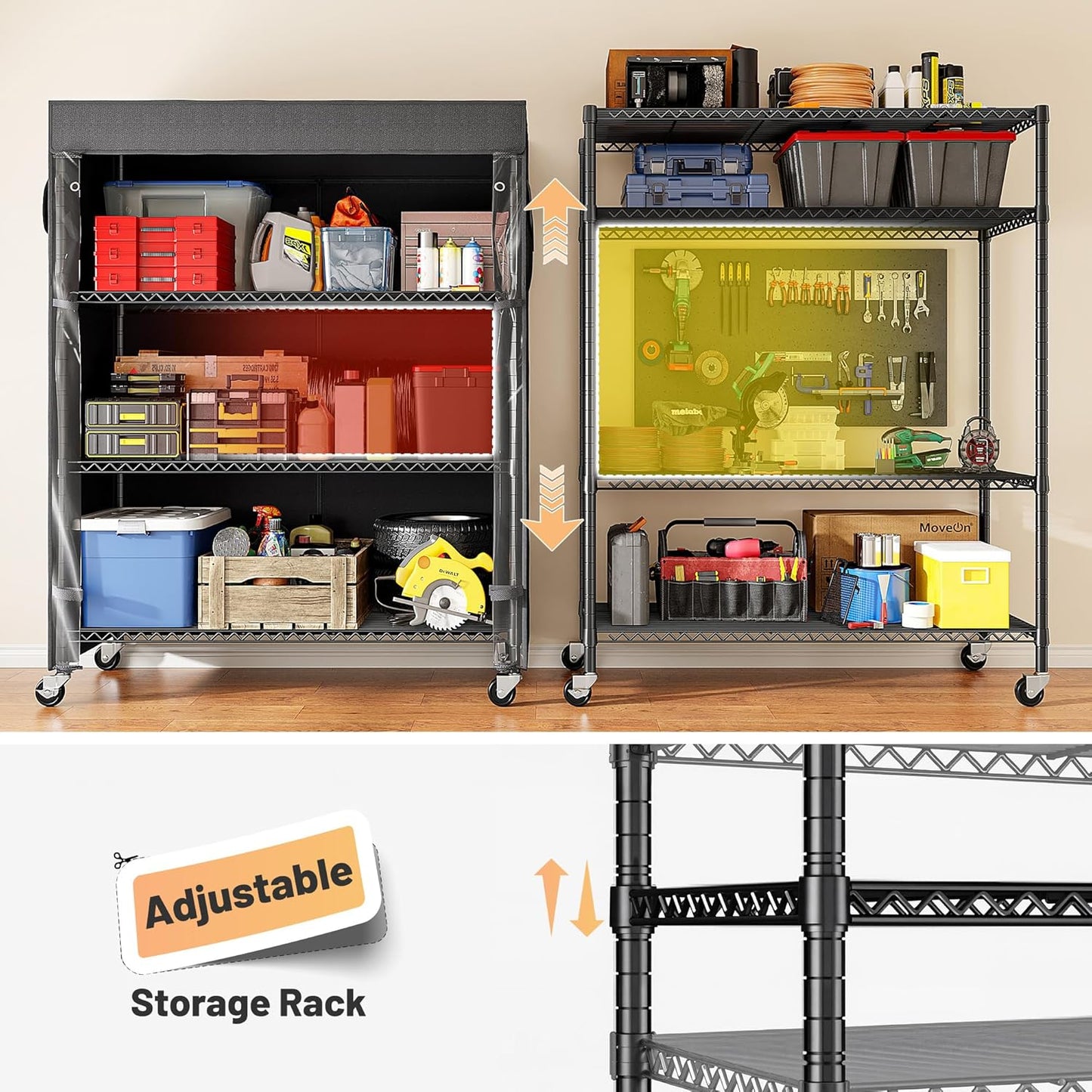 REIBII 4-Tier Storage Shelves Wire Shelving Unit with Cover & Wheels, Heavy Duty Metal Shelving for Dorm Storage Shelves, Garage Storage Rack Commercial Shelf, Pantry, Kitchen, 36" W*14.3" D*56.5" H