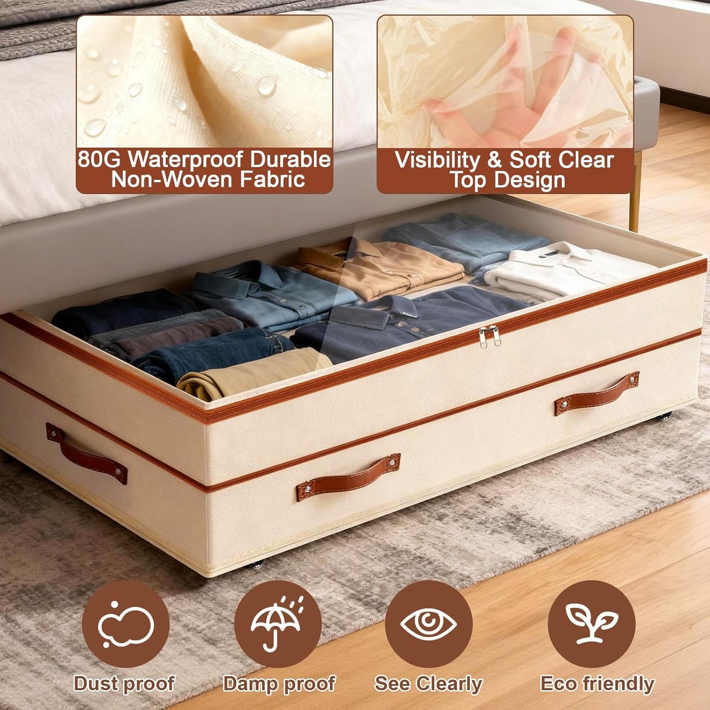 Dolicer 4 Pack Under Bed Storage with Wheels, 6in-10in Height Adjustable Underbed Storage Containers, 92L XXXL Under Bed Drawers Rolling Bin with Clear Lids for Dorm Shoes Clothes Organizers(Beige)