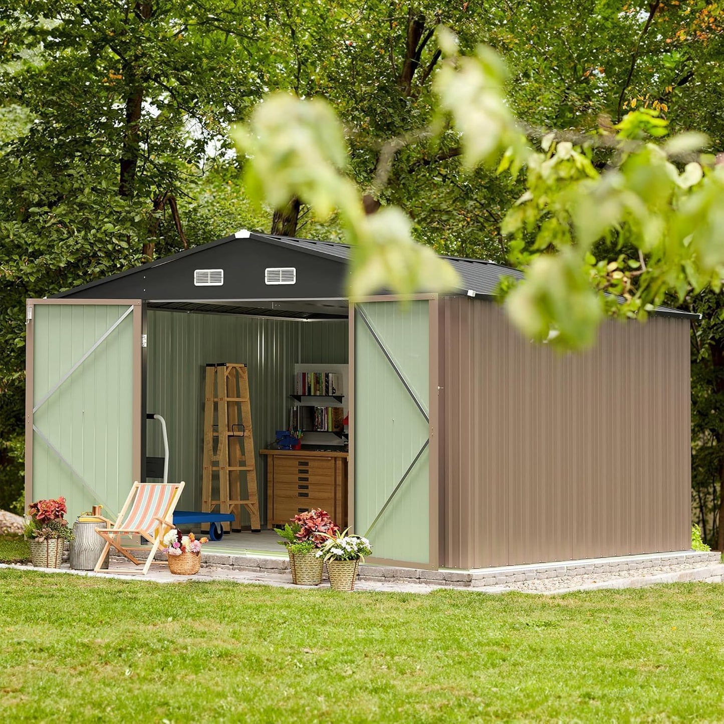 Furniwell 10x10 FT Outdoor Storage Shed, Metal Garden Sheds Outdoor Storage House with Single Lockable Door for Backyard Patio Lawn, Brown