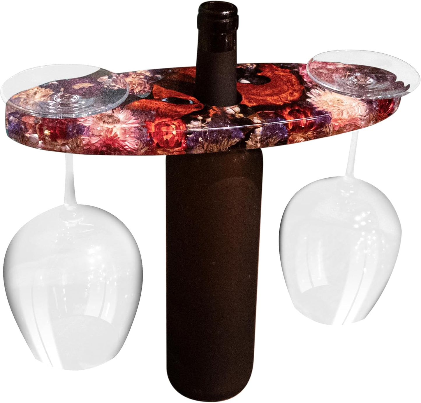 Handcrated Wood Wine Bottle & Glass Holder with Flowers Preserved, Vintage Countertop Stand for 1 Bottle & 2 Glasses, Unique Wine Caddy for Home Bar, Gift for Wine Lover
