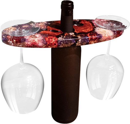 Handcrated Wood Wine Bottle & Glass Holder with Flowers Preserved, Vintage Countertop Stand for 1 Bottle & 2 Glasses, Unique Wine Caddy for Home Bar, Gift for Wine Lover