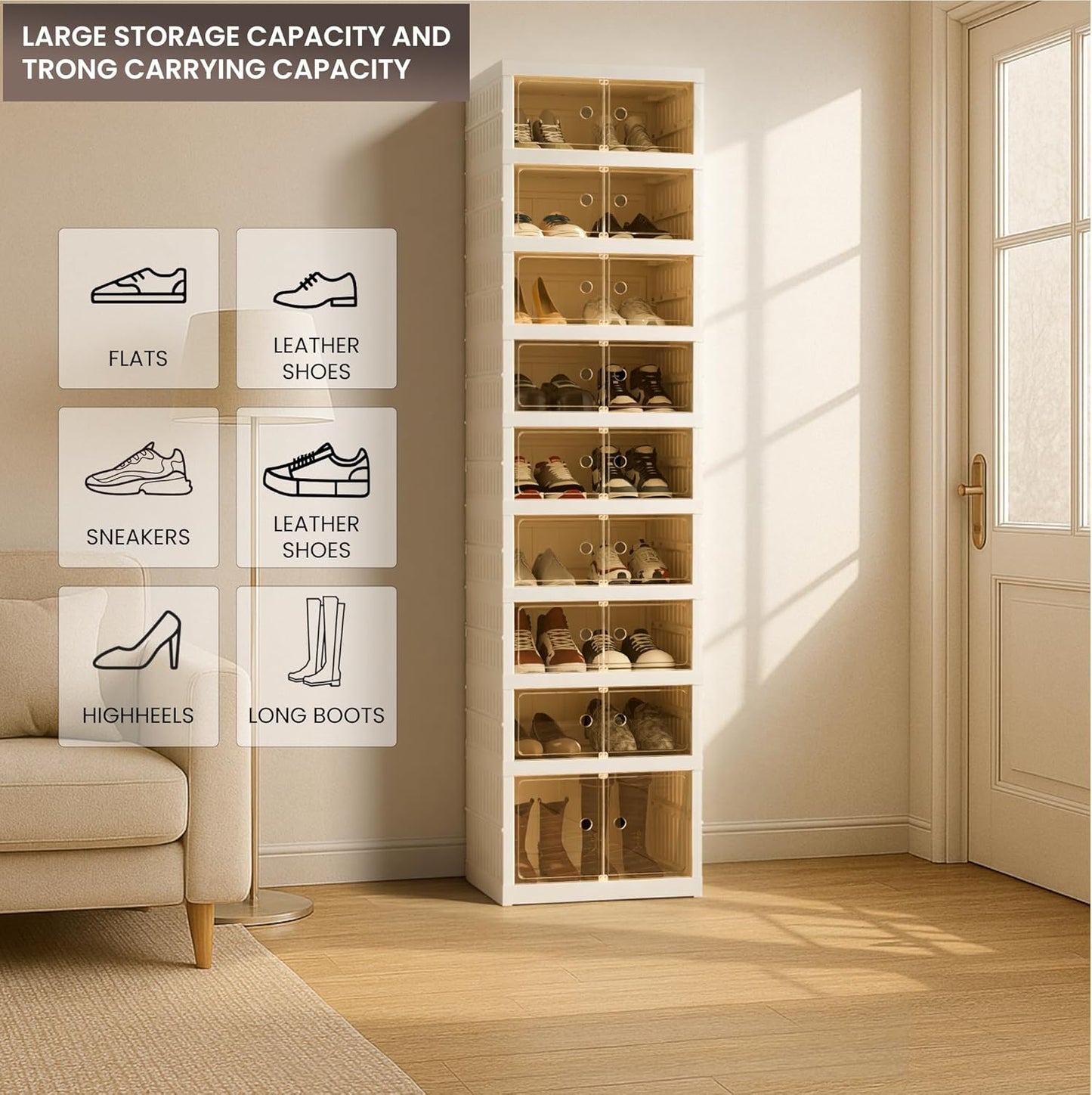 Foldable Shoe Organizer Storage Box Set of 2, Portable Extra Large Folding Shoe Rack for Closet, Shoe Storage Box with Magnetic Transparent Door and Wheels, 9 Layers 18 Grids with 2 Big Grids