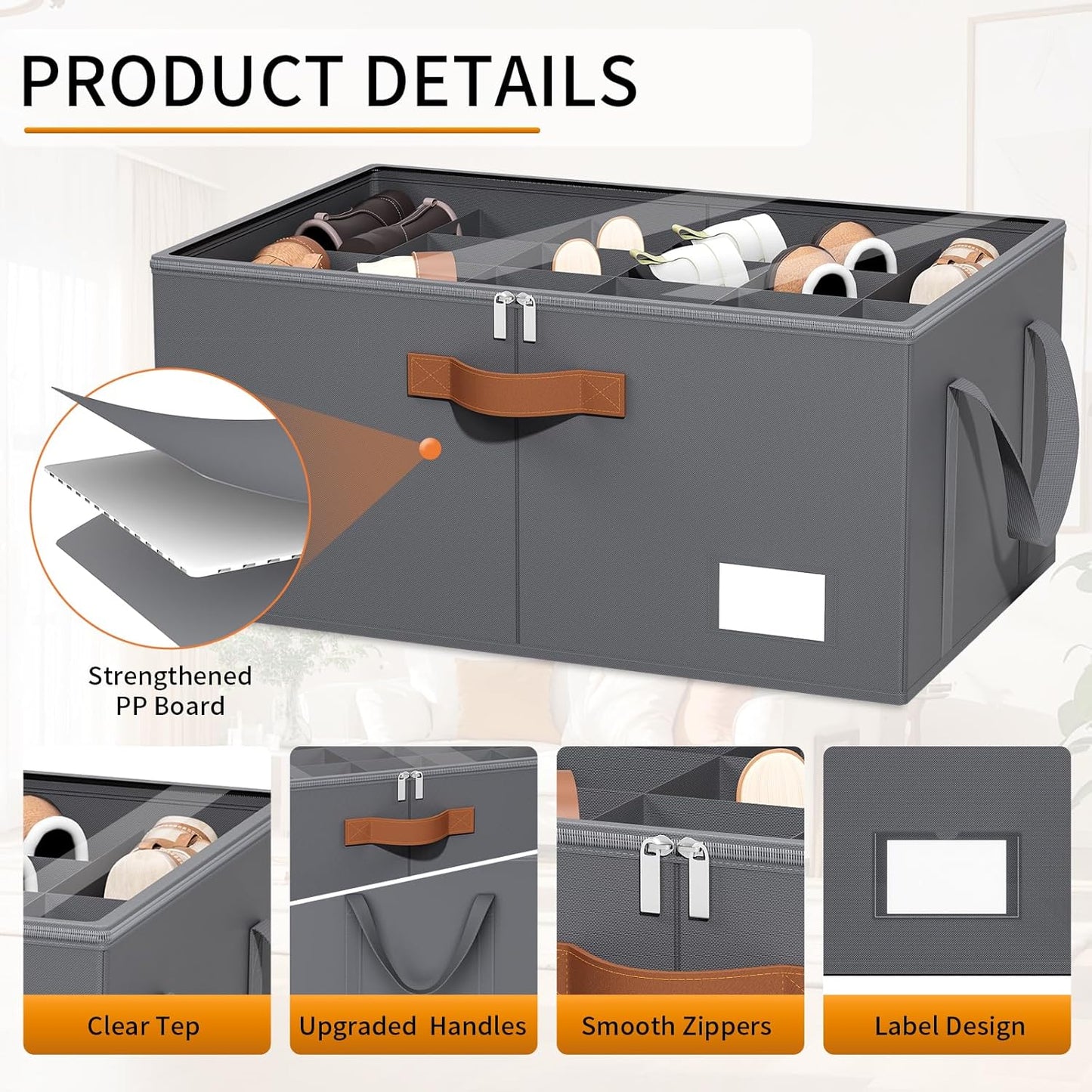 2 Pack Shoe Organizer for Closet, Foldable Shoe Storage Organizer with Clear Cover, Lable and Reinforced Handles, Space Saving Shoes Box Fits up to 20-40 Pairs, Gray
