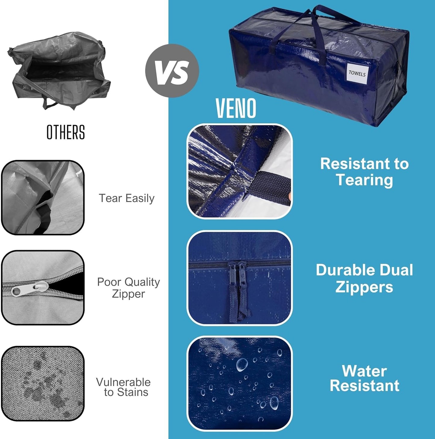 VENO 8 Pack Moving Bags w/Backpack Straps, Heavy Duty, Moving Boxes Alternative, Packing Supplies, Large Storage Totes for Dorm Room Essentials with Zipper for Clothes (Blue, 8 Pack)
