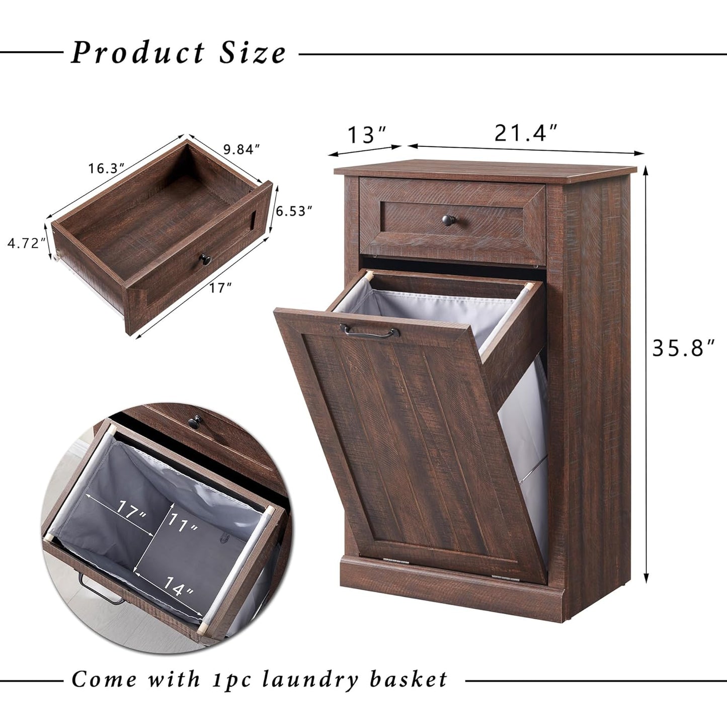 Tilt Out Trash Can Cabinet, 10 Gallon Farmhouse Laundry Hamper Cabinet with Drawer, Hidden Wooden Trash Garbage Can Bin with Storage Basket for Kitchen, Living Room (Brown)