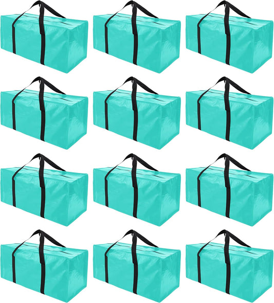 12 Pack Extra Large Moving Bags with Zippers & Carrying Handles, Heavy-Duty Storage Tote for Space Saving Moving Storage, Fold Flat, Alternative to Box and Bin,Aquamarine