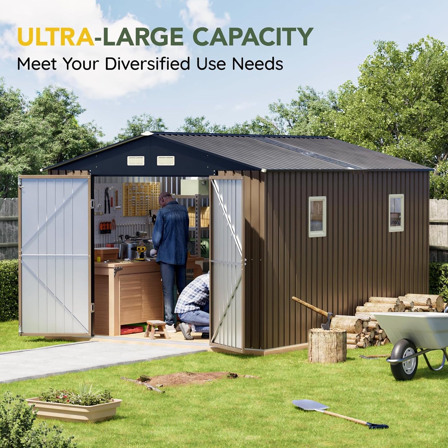 Breezz Outdoor Storage Shed 10 x 12 ft. Utility Tool Shed Metal Storage Garden Shed with Lockable Doors & Windows for Patio Storage,Brown