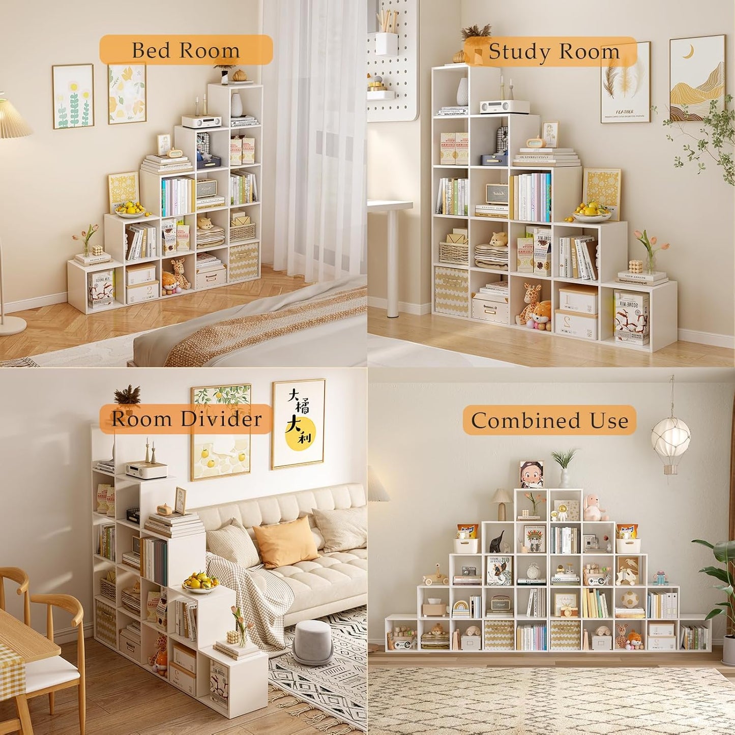 Ladder Cube Storage Bookcase - Wooden L-Shaped 5-Tier Corner Shelf, Reversible 15-Cube Organizer for Home & Office, White
