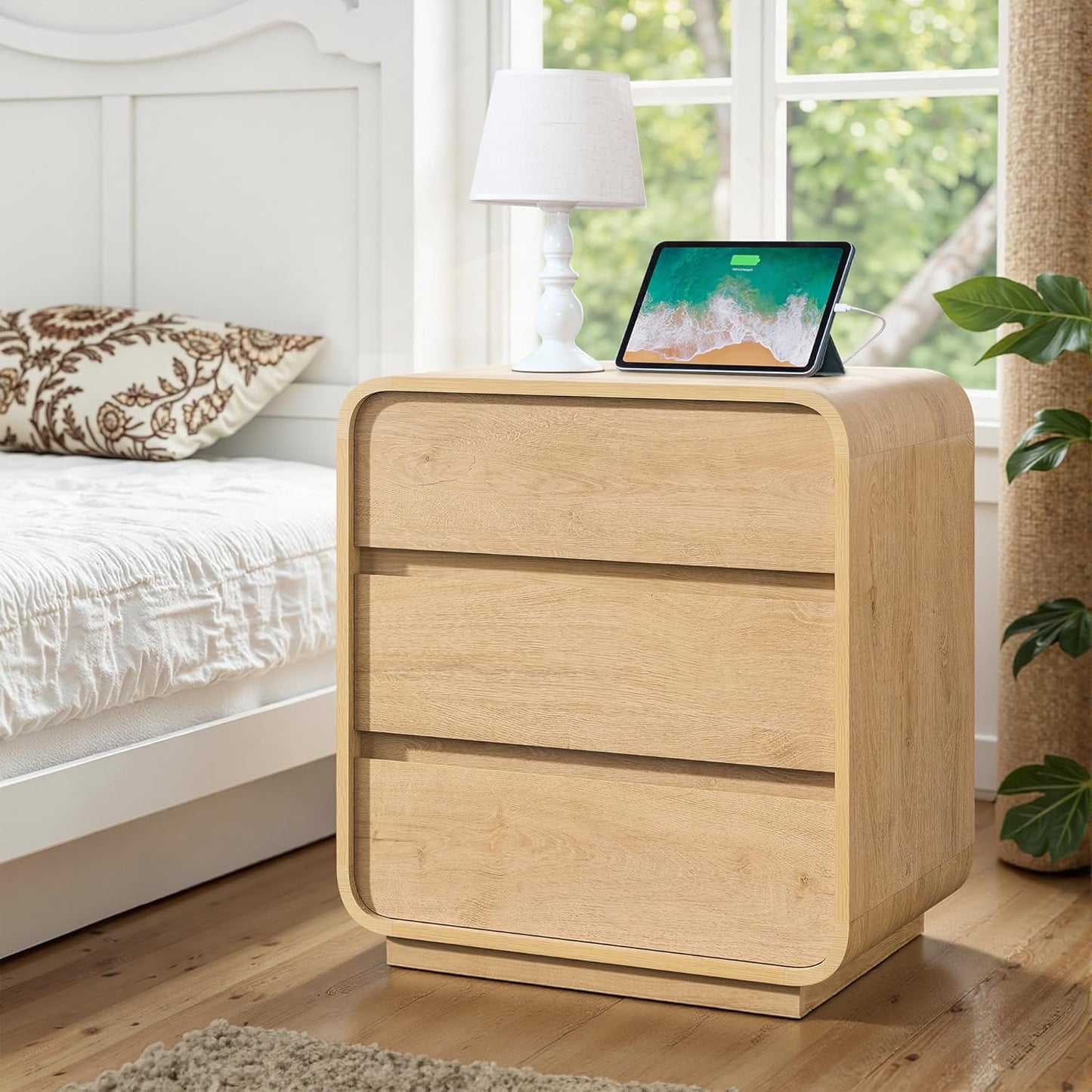 Farmhouse Nightstand, 25" Tall Wood Bedside Table with Charging Station, 3 Storage Drawers Side Table, Large End Table Night Stand for Bedroom, Office, Sofa, Curved Profile, Natural