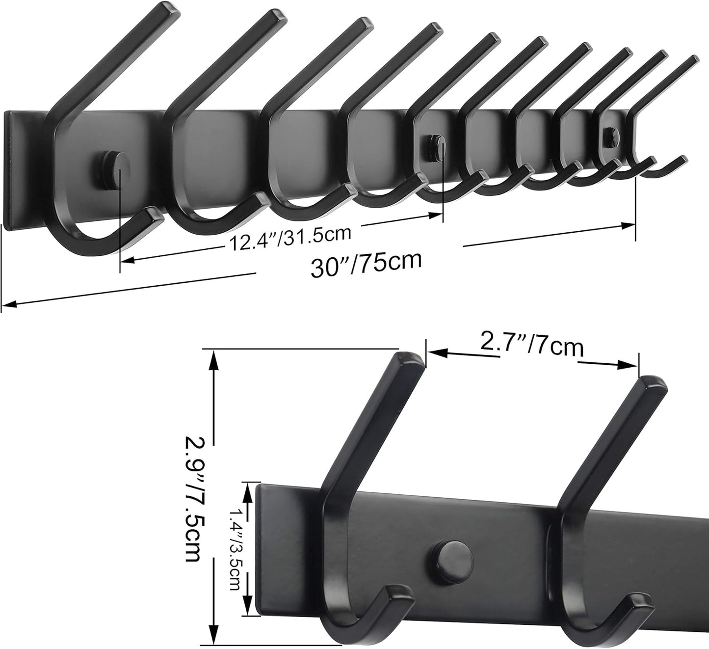 WEBI Coat Rack Wall Mounted,10 Hooks for Hanging Coats,30 Inch Hook Rack Hook Rail Coat Hanger Wall Mount for Backpack,Clothes,Jacket,Black