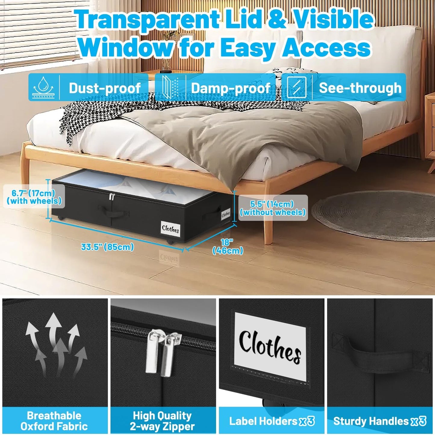 Under Bed Storage with Wheels, 2-Pack 6.7" Height XL 50L Rolling Storage Bins, Quick Assembly Underbed Shoe Storage Containers with Clear Lid & Label, Dorm Under bed Drawers for Clothes, Shoes, Black