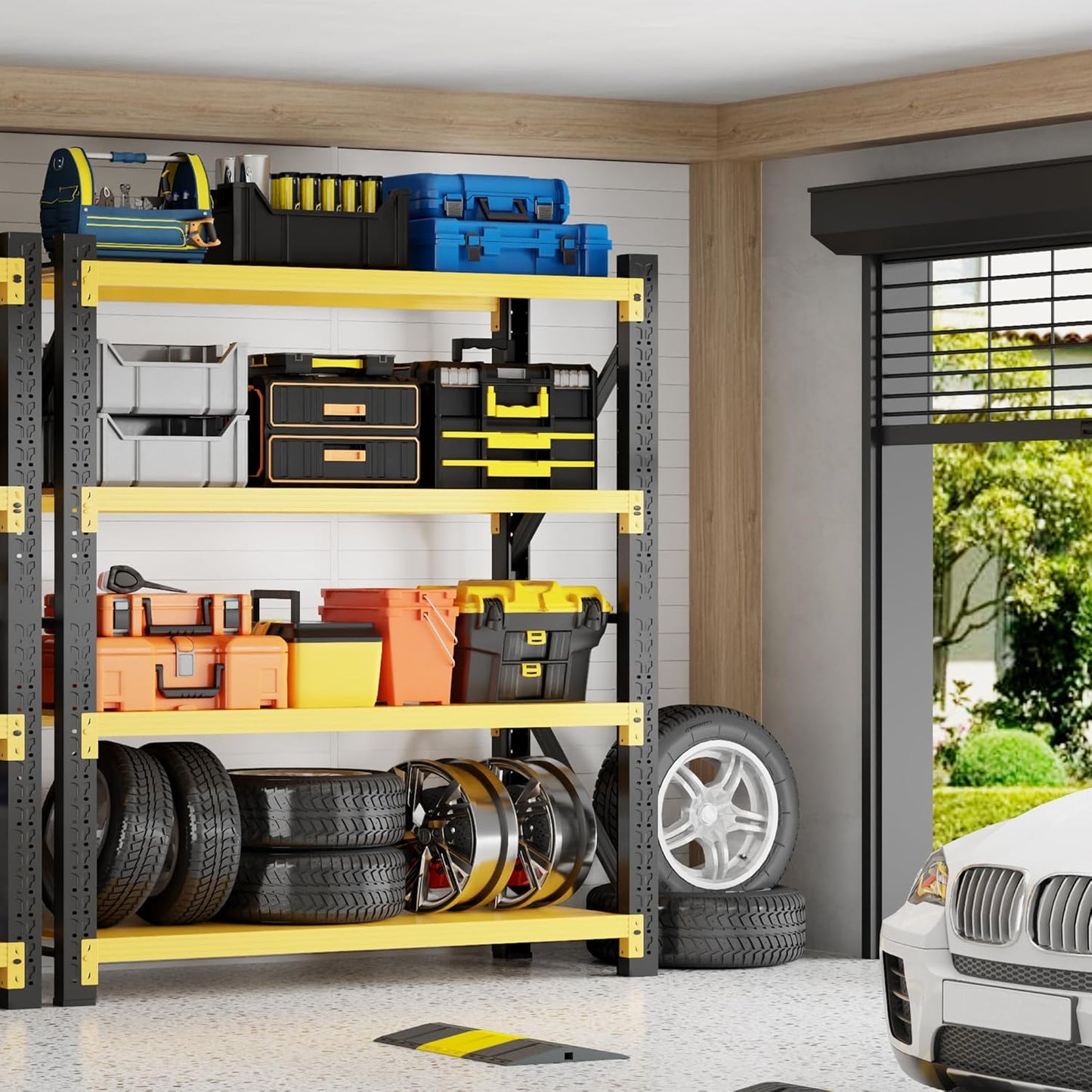4000LBS Garage Shelving 48" W Garage Shelving Heavy Duty 4-Tier Metal Storage Shelves Adjustable Shelf Unit Storage Rack for Basement Supermarket Warehouse 48" W x 20" D x 78" H Yellow