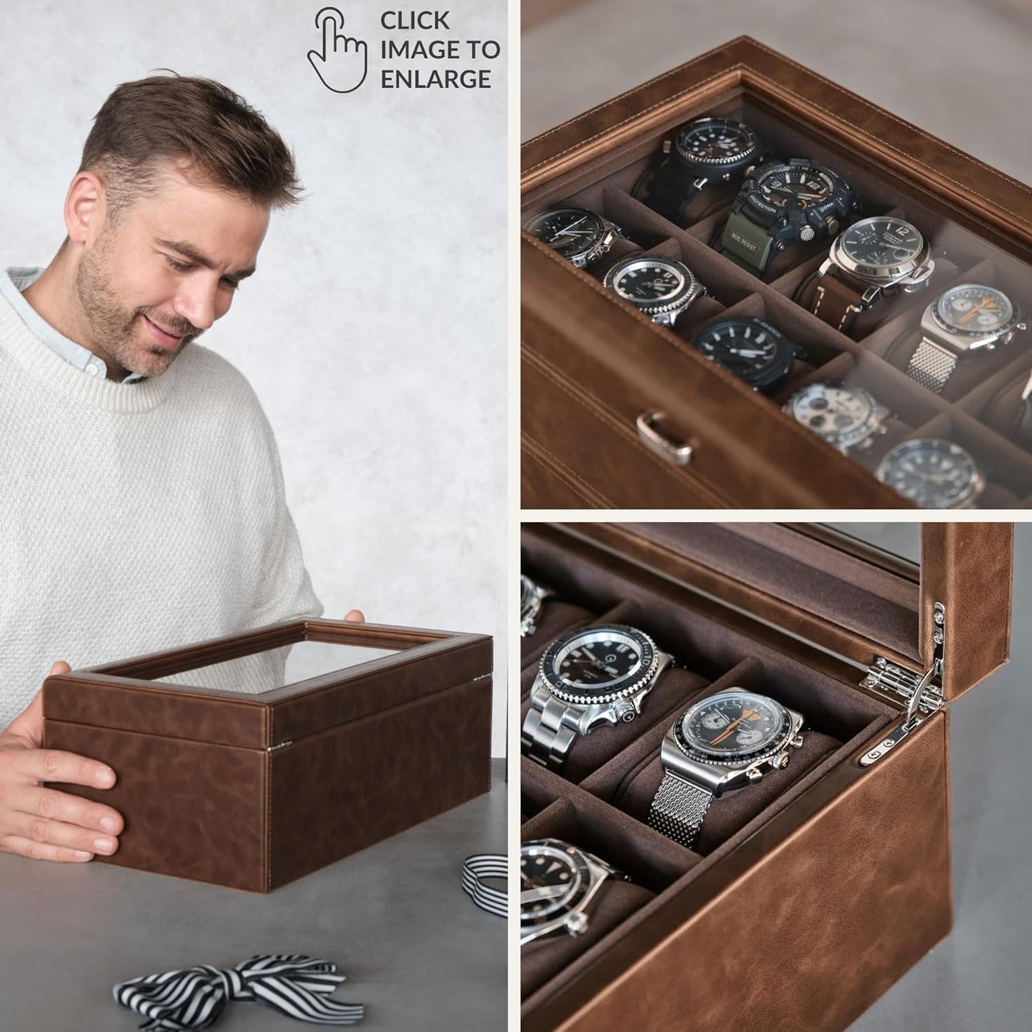 TAWBURY 24 Slot Watch Box for Men - Extra Large Watch Case with Double-Layer Design for Optimized Storage | Removable Drawer for Easy Handling (Brown)