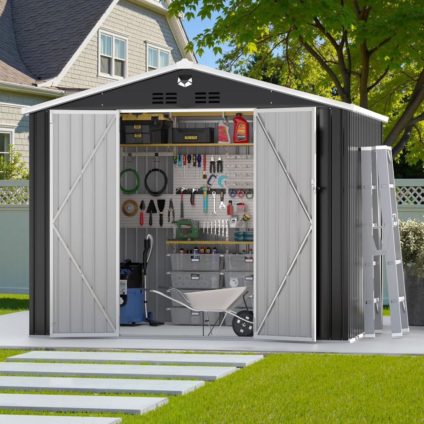 10x8 FT Outdoor Storage Shed, Metal Garden Shed - Tool Storage Sheds with Lockable Doors, Waterproof Outside Storage Building for Backyard, Patio (Black; Floor Not Included)